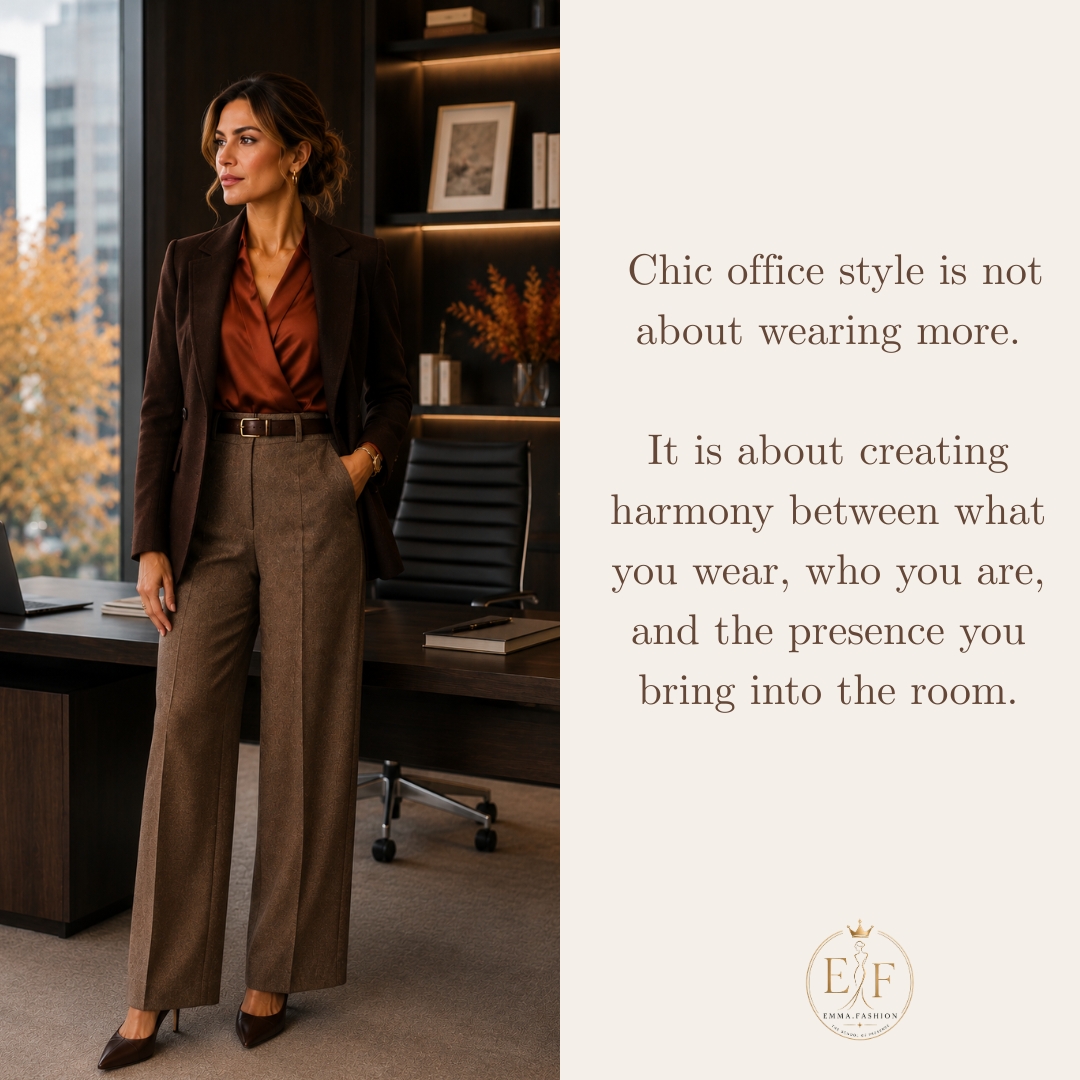 Elegant professional woman wearing a refined layered fall office outfit in rich seasonal colors